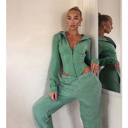 IMucci Women Hooded Coats Two Pieces Set Fall 2020 Front Zipper Design Tracksuit Females Sexy Cropped Top Causal Ladies Clothing