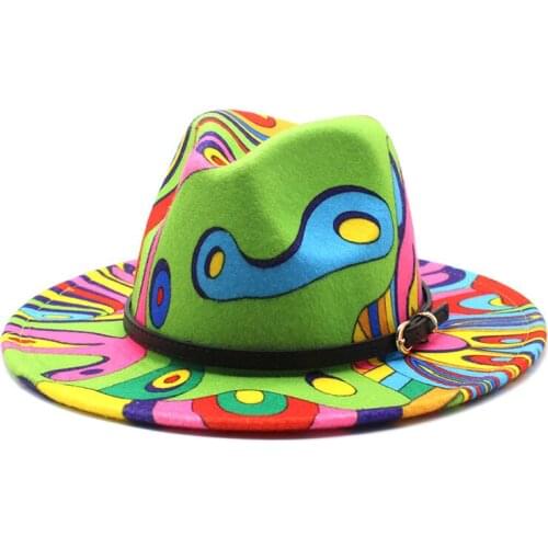 Hot Sell Fashion Tie Dye Wide Brim Autumn And Winter Fedora Hats For Women Vintage Panama Elegant Gentleman Colorful Fedora Caps