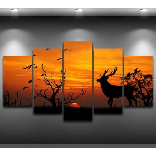 Modular Canvas Pictures Wall Art Printed Painting 5 Panel Animal Deer Trees Sunset Landscape Posters Home Decor Unframed