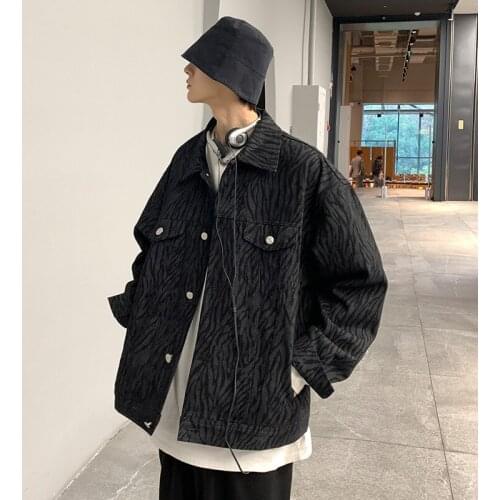 Dark zebra-print jean jacket for spring mens 2021 denim jacket Japanese casual jacket hipster mens loose