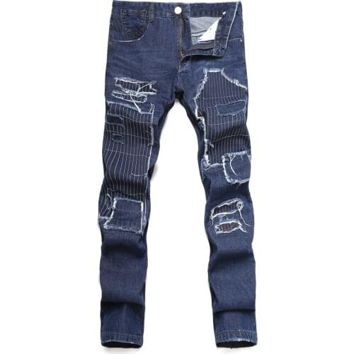 Summer Mens Spring Ripped 100% Cotton Blue Black Straigh Fit Distressed Patchwork Denim Jeans Hip Hop Trousers Size 28-42