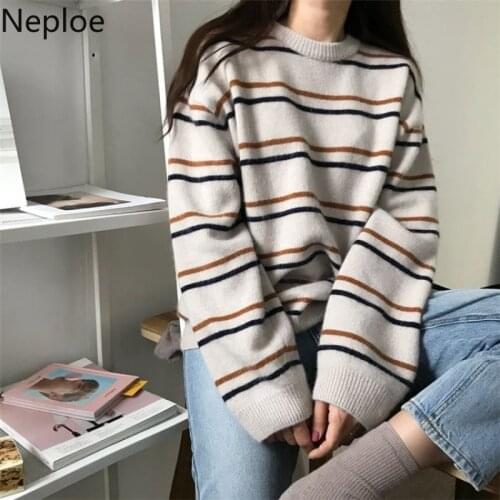 Neploe Korean Autumn Winter O Neck Preppy Style Loose Sweaters Striped Knitted Pullovers Harajuku Style Student Sweater 45565