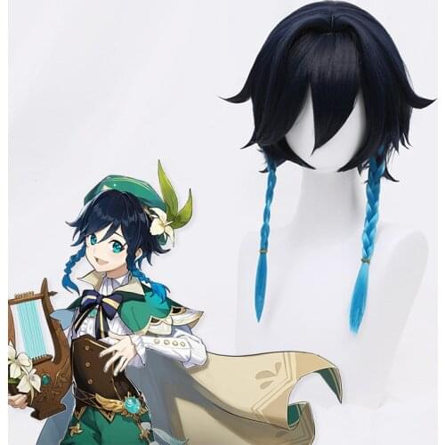 Venti Wig for Cosplay Anime Game Genshin Impact Wig Blue Short Wig and 2 Ponytail Bangs Wig Costume Party Wig