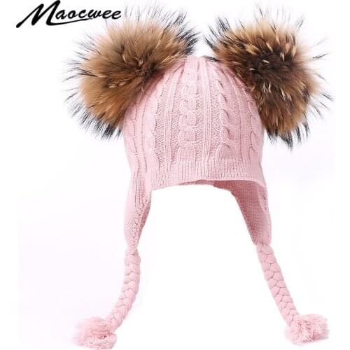 Real Fur Raccoon Pompons Hat Boys Girls Hats Kids Winter Autumn Hats Bonnet Enfant Hat For Children Baby Cute Bonne Dropshipping