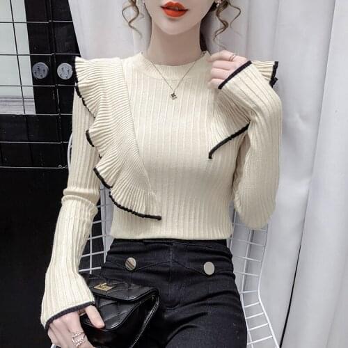 Contrast Color Ruffle Pullover Sweater Women Autumn Winter Slim Fit Knit Jumper Korean Fashion Ladies Black White Beige Sweater