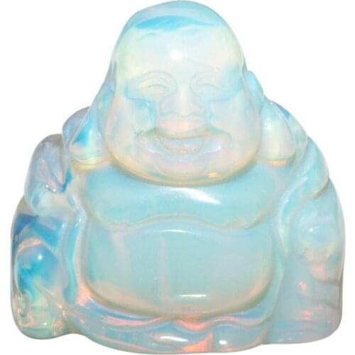TUMBEELLUWA 1.5" Opal Opalite Stone Happy Laughing Buddha Pocket Statue Feng Shui Figurines Healing Crystal Wealth and Good Luck