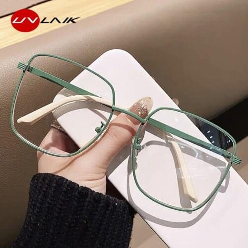 UVLAIK 2021 Anti Blue Light Eyeglasses Frame Women Oversized Transparent Glasess Female Men Big Frame Metal Paint Mint Green