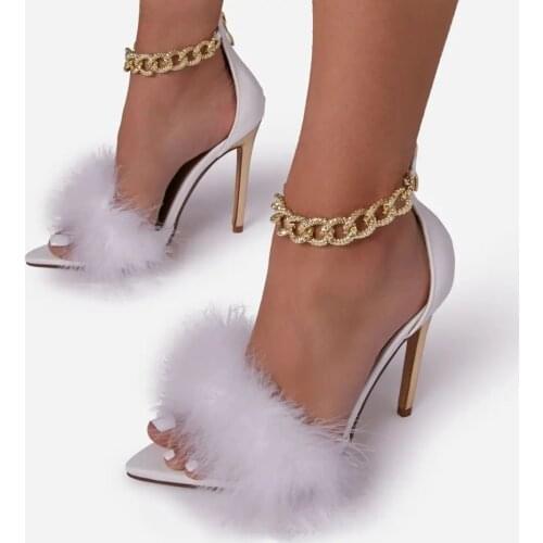 2021 New Pointed Toe Shallow Furry Women Thin High Heels Metal Buckle Chain Decoration Sandals Outdoor Footwear Female