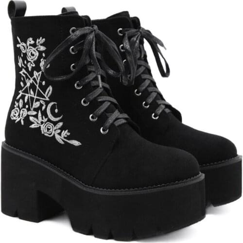 Punk Style Suede Leather Women Ankle Boots Fashion Flower Platform Boots Chunky Heel Gothic Shoes Ladies Motorcycle Boots