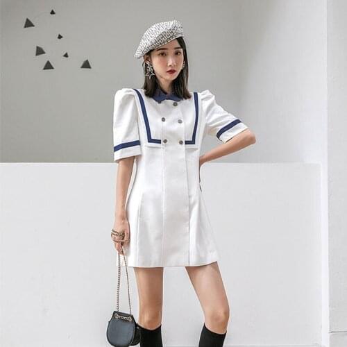 2021 Summer High Haist Puff Sleeve Navy Collar Blue And White Contrast Color Preppy Style Double Breasted Cute Mini Dress Women