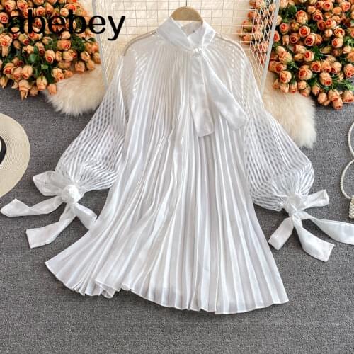2021 New Spring Autumn Fashion stand collar Lantern Sleeve Dress bow bandage high waist solid color loose Pleated Dress