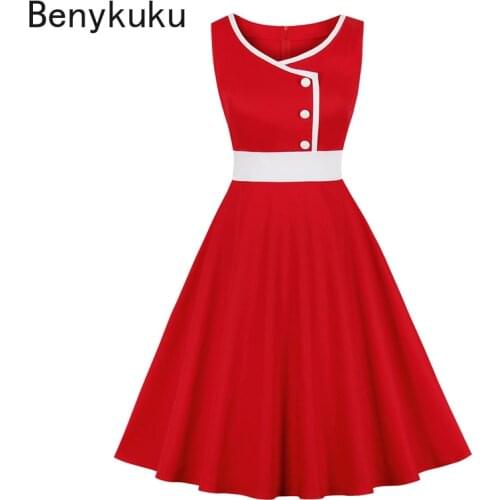 Red Sleeveless Button High Waist Vintage Rockabilly Dress Summer Clothes for Women Elegant Party Vestiods A-Line Cotton Dresses