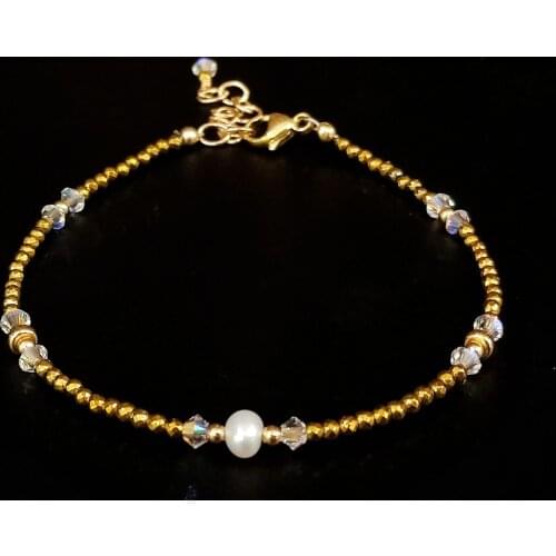 Lii Ji Gold Hematite Pearl Austrian Crystal 14K Gold Filled Bracelet 17+3cm Natural 2mm Stone Handmade Jewelry For Women Gift