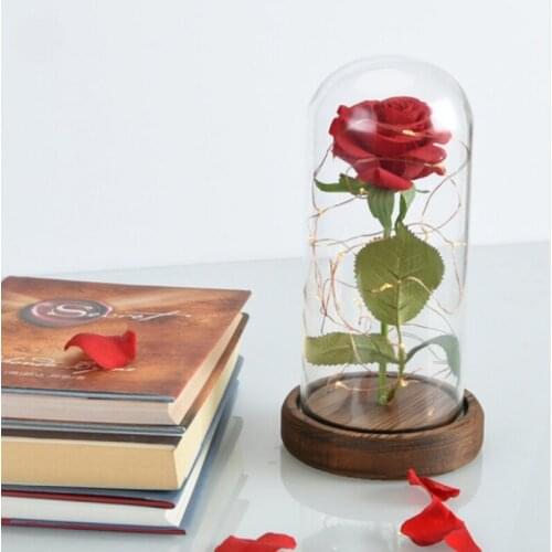 2020 Beauty and the Beast Rose Red Rose in a Glass Dome with A Wooden Base for Valentines Gifts Wedding Birthday