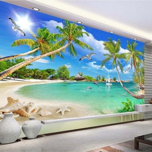 Custom 3 d photo wallpaper wall murals 3D wallpaper Beach tree waves lawn path seagulls custom 3d wallpaper Home Decor