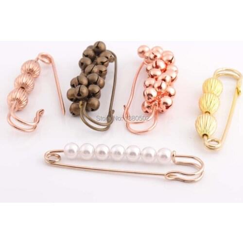 5pcs/lot unique Design Rose gold gold bronze color brooch pins for Women decoration Safety Pins with bell /bead /pearl