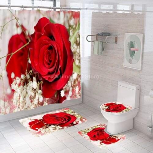 Big Rose Shower Curtains Fashion Red Bathroom Curtain Bath Set Toilet Cover Mat Non-Slip Washroom Rug Set Modern 180x180cm Hot