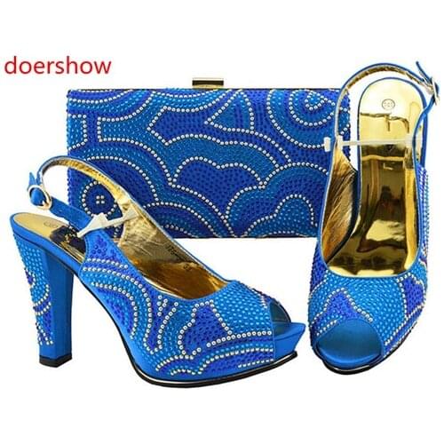 Doershow newShoes and Bag Set African Sets blue Ladies Italian Shoes and Bag Set Decorated with Rhinestone Nigerian Shoes!SH1-10