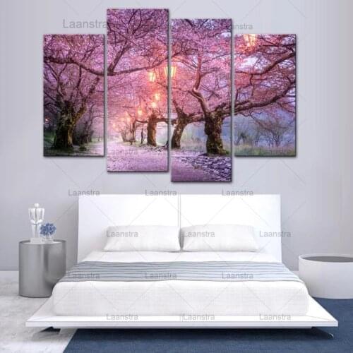 Pictures Wall Art Home Decoration Framework 4 Pieces Pink Cherry Blossoms Tree for Living Room Modern Landscape Painting Posters