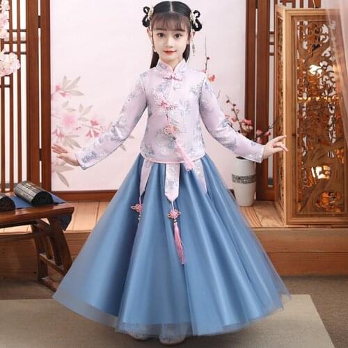 Chinese Hanfu Dress Vintage Flower Girl Dress Sweet Fairy Baby Girl Dress Skirt Kids New Year Costume Cosplay Dress