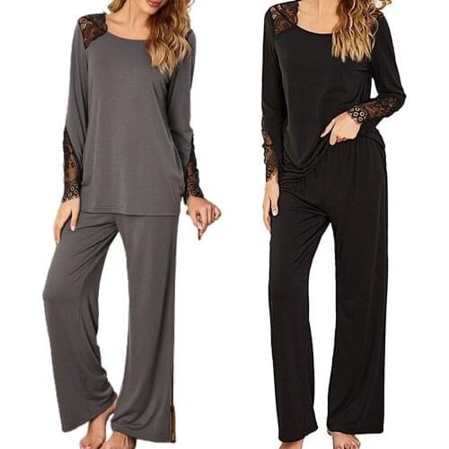 2Pcs Comfort Pajama Sets Women Long Sleeve Lace Patchwork Top Pullovers Loose Long Pants Set Women Sleepwear Women Pajama Sets