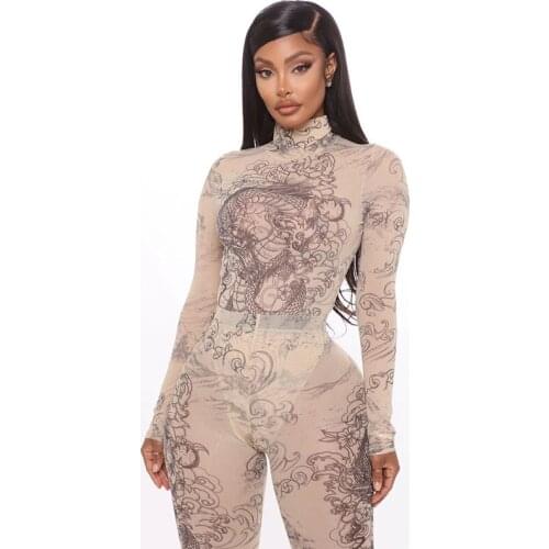 Donsignet Fashion Womens Sets Fashion Dragon Print High-neck Long-sleeved One-piece Trousers Two-piece Suit Turtleneck Print