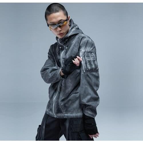 Mens Coat Jacket EDR-0563 Washed Hooded Jacket Windbreaker Techwear Ninjawear Darkwear Streetwear Japanese Style
