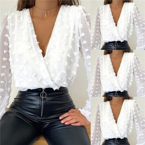 Fashion Women Deep V Neck Top White Jacquard Shirt Female Long Sleeve Chic Shirt Sexy Polka Dot Solid Color Mesh Blouses