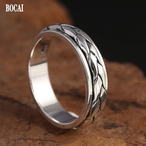 BOCAI 2021 Trend Real S925 silver good luck mens ring retro personality simple and rotatable couple ring