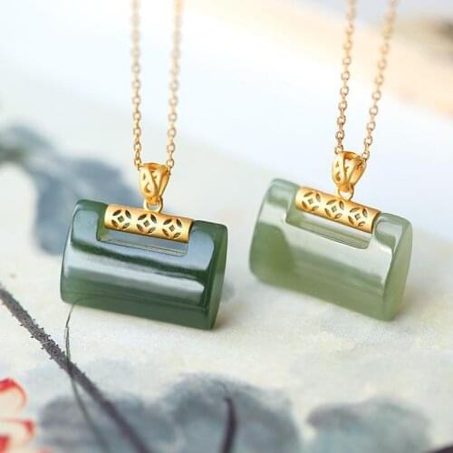 Independent design womens silver inlaid natural Hetian jade necklace pendant exquisite and elegant charm ladies accessories
