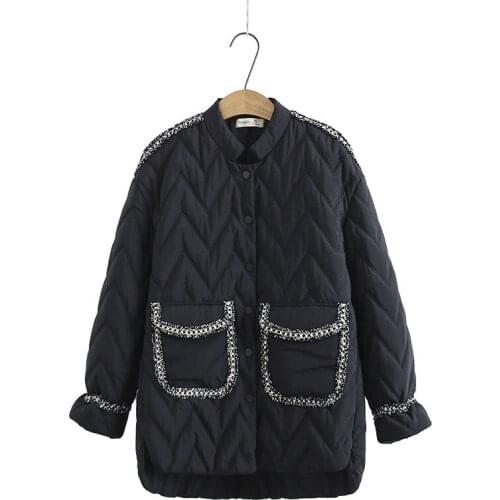 Autumn Winter Womens Parka Coat Warm Jacket Female Thin Cotton Quilted Coat Plus Size Stand Collar Black Outerwear