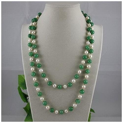 Terisa Pearljewelry Perfect White Color AA 7-8MM Freshwater Pearl Necklace 10MM Green J-ade Beads 120cm Long Necklace