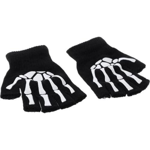 2021 Printing Fluorescent Skeleton Skull Knitted Half Finger Glove Cool Autumn Winter Black Ridding Knitting Gloves for Children