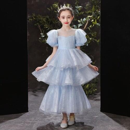 Flower Girl Dresses Illusion Pleat Sequined O-Neck Short Princess Floor-Length Tulle Lace Luxury Light Blue Kids Party Gown H641