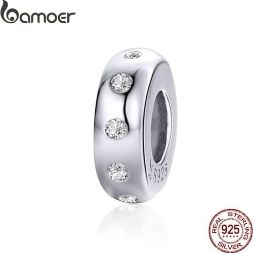 BAMOER Stoppers Charm for Bracelet 925 Sterling Silver Minimalist Crystal Charm with Silicone fit Luxury Brand Bracelet SCC1171