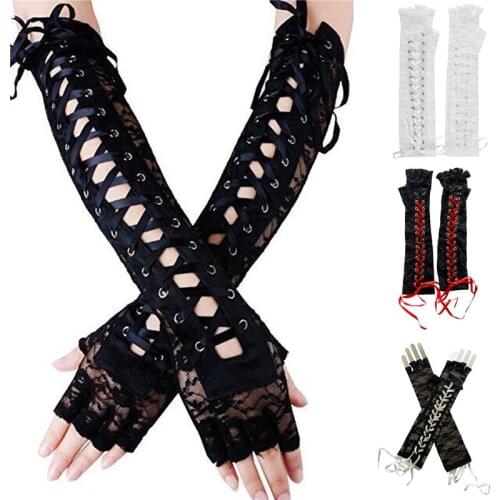 Sexy Lace Long Gloves Winter Elbow Length Half-finger Gloves Ribbon Fingerless Fishnet Mesh Etiquette Party Gloves