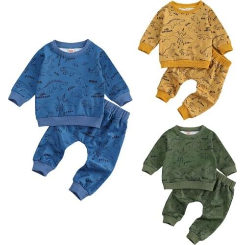 FOCUSNORM 3 Colors Infant Baby Boys Clothes Sets Cartoon Dinosaur Printed Long Sleeve Pullover Sweatshirt Tops Pants