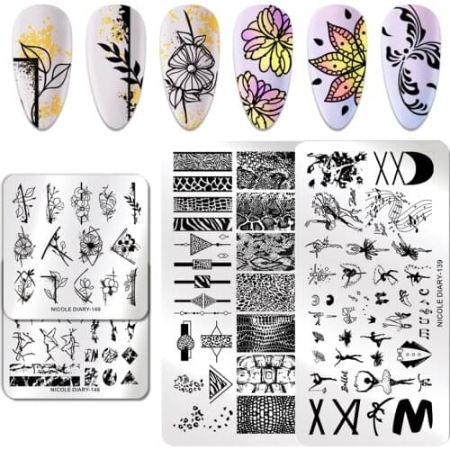 NICOLE DIARY Nail Art Stamping Plates Geometric Flower Marble Design Stamp Templates Stencil Nail Printing Tool Floral Animals