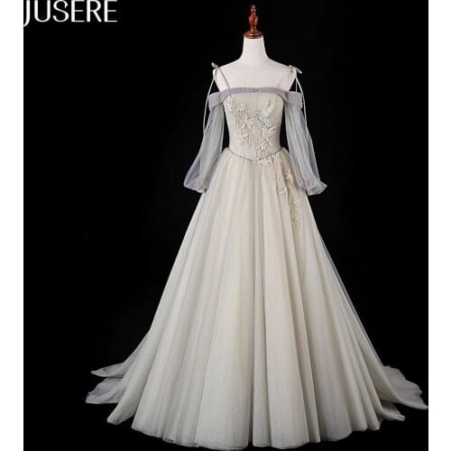 Long sleeves Beaded Evening Dress Tulle Party dress with Sweep Train A-line Long dress off-the shoulder evening gown