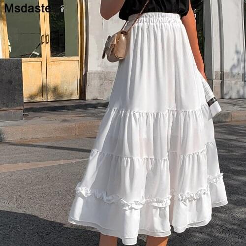 Women Skirts Tulle Ruffles Casual A-LINE Solid White Black Lady Faldas Mujer Pleated Maxi Skirt Mid-Calf Loose Woman Skirts