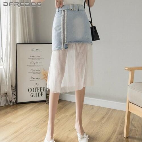 High Waist Woman Denim Skirt With Zipper Diamond 2021 Summer Patchwork Tulle Mesh Slim Mid-Long Skirts Jeans Ladies