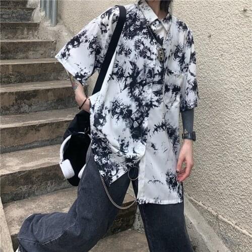 Summer new Korean Harajuku print pattern tie-dye high street loose short-sleeved shirt women