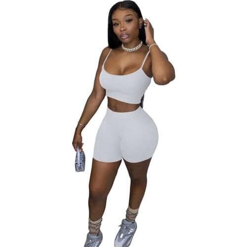2021 Summer Women Suit Sleeveless Crop Top Pure Color Vest + Elastic Skinny Shorts Pure Color Sports short sleeve pants suit