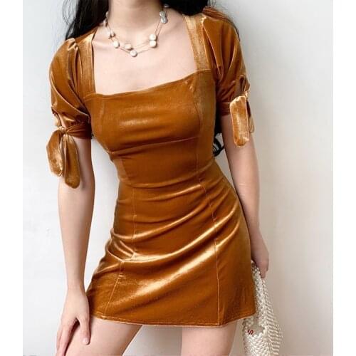 Women Square Neck Velvet Mini Dress With Tie Sleeves And Open Back A369