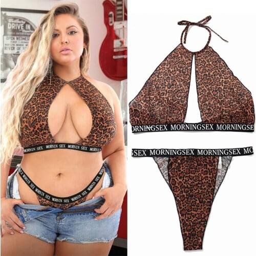 Plus size Sexy Lingerie Leopard Printed Bras Set Women Bralette Bras + G-string Thong Panties Sets Babydoll Underwear Sleepwear