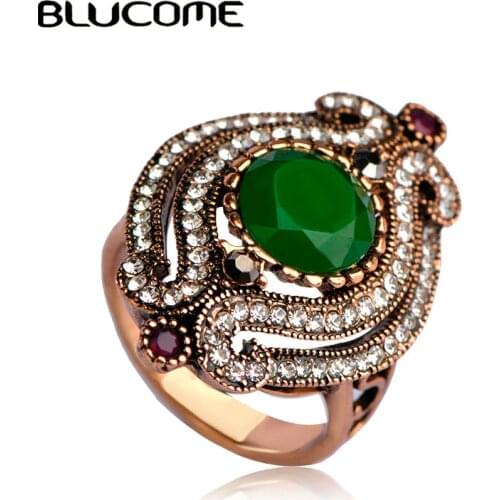 Blucome New Vintage Green Flower Antique Gold Color Ring Crystal Resin Rings For Women Gift Party Wedding Accessories Jewelry