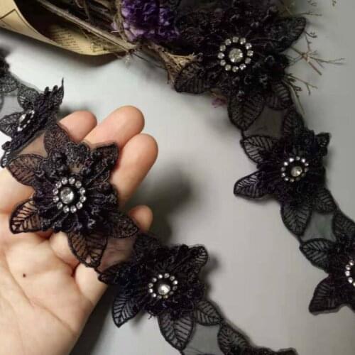 1 yard Polyester Black 3D Flowers Embroidered African Lace Trim Ribbon Fabric Handmade Sewing Craft For Costume Decoration New