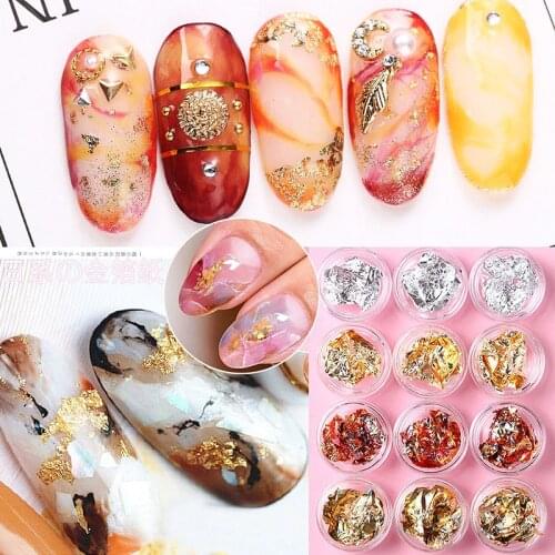 12 Jars/lot Mixed Color Nail Art Gold Silver Irregular Foil Paper Nail Art Stickers DIY Nail Art Silver Holo Foil Decal Decor