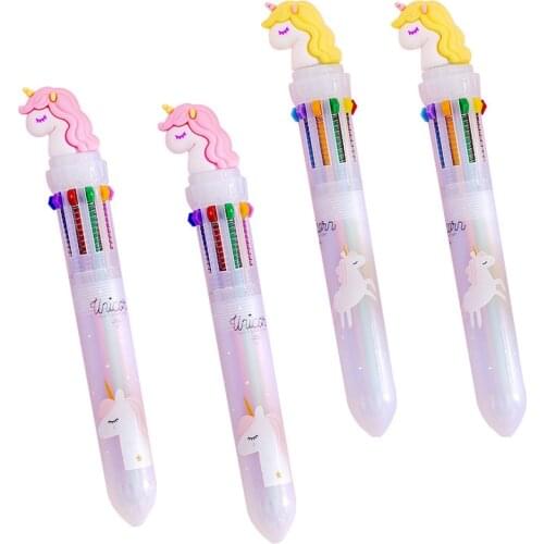 16 pcs Creative Cartoon Rainbow Unicorn 10 Color Press Ball Pen Student Multi-function Hand Pen Stationery Wholesale