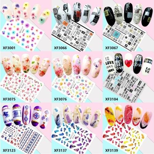 2 Sheets Water Decal Colorful Flower Feathers Letter Design Nail Art Transfer Sticker for DIY Manicure Decorations #265210
